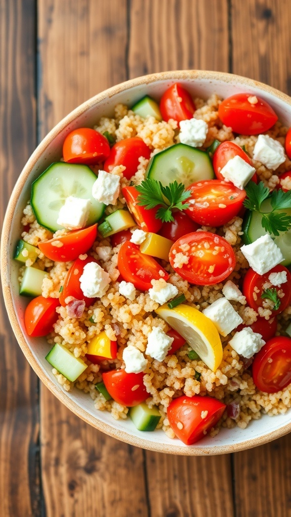 A colorful Mediterranean quinoa salad with tomatoes, cucumbers, feta cheese, and parsley in a bowl.